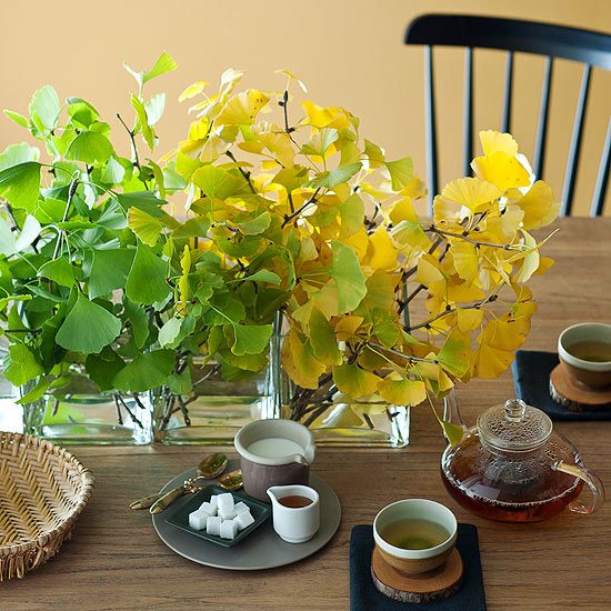 decorações de outono mesa ginobiloba chá verde amarelo