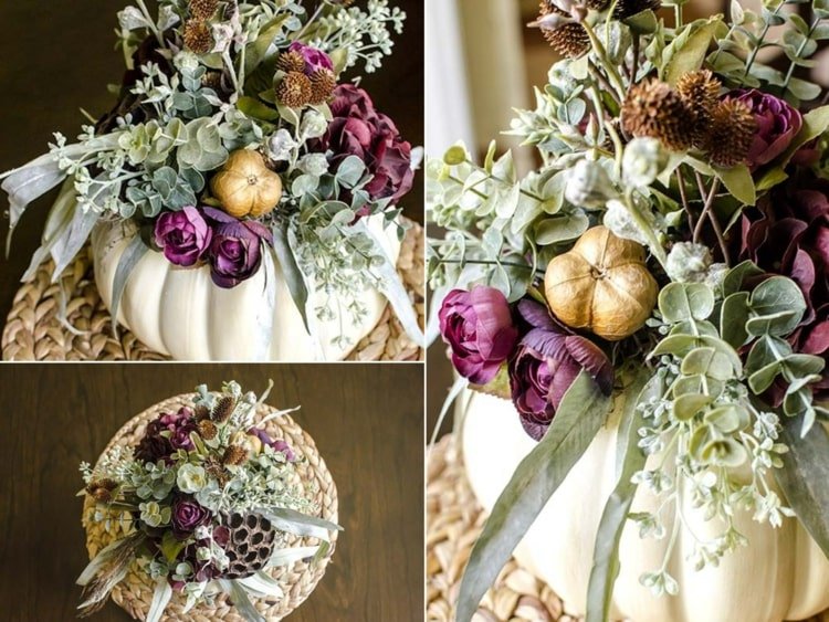 Arranjos de outono para o túmulo ou como decoração de mesa com flores nas cores do outono