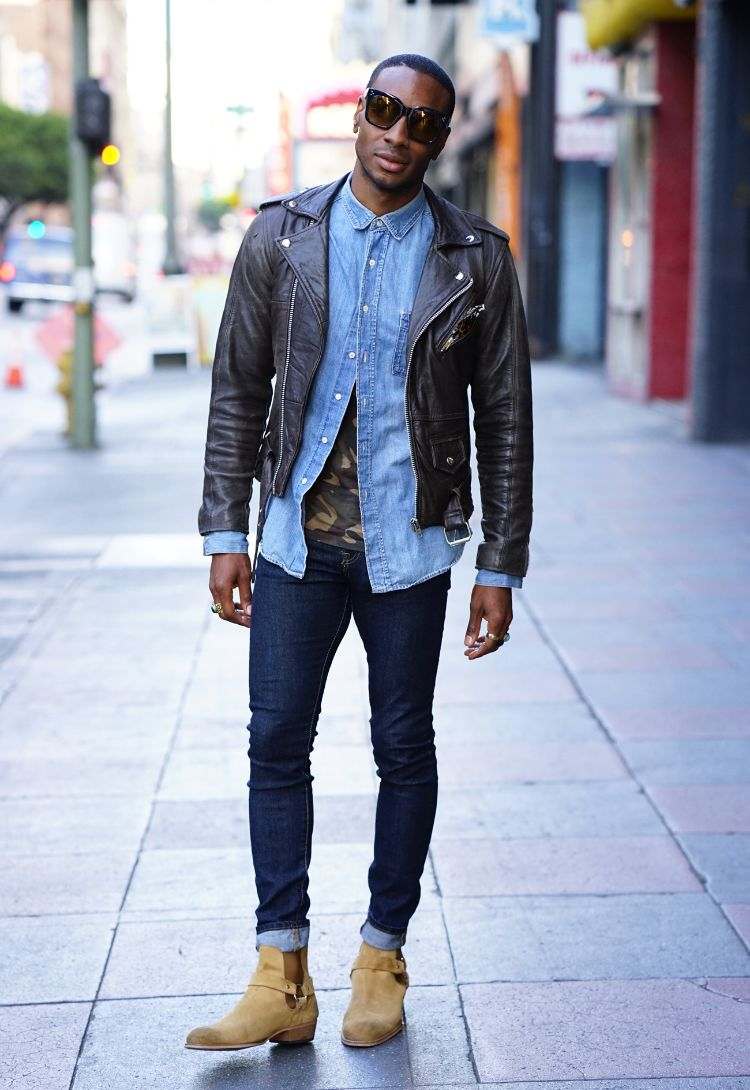 botas chelsea jeans apertados camisa jeans jaqueta de couro roupa da moda