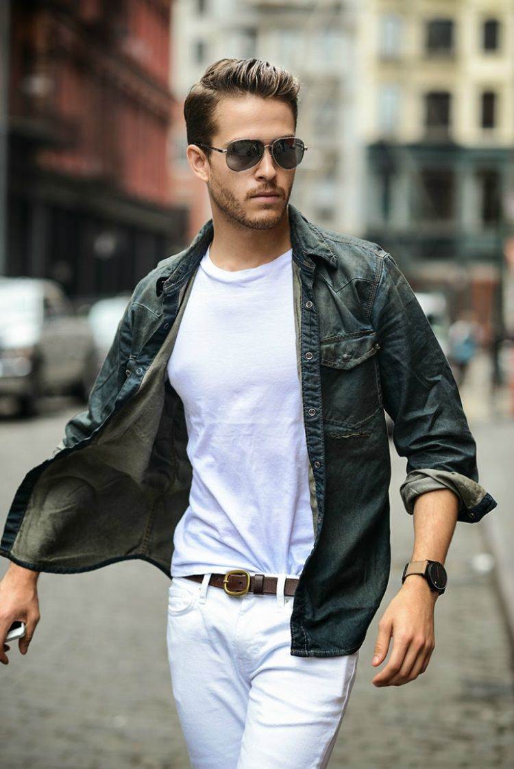 homens vestem camisa jeans desabotoada temporada de desgaste primavera verão