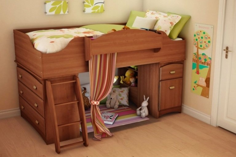 cama alta para quarto de madeira cortina de área de estar quarto infantil