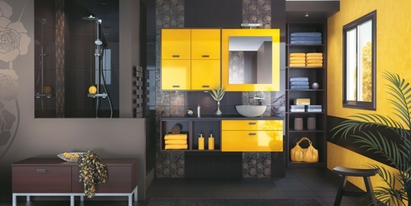 Móveis de banheiro de alto brilho-Mobalpa-amarelo-cozinha-armários-paredes pretas