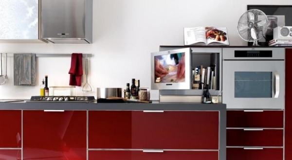 brilhante cozinhas tv de aço inoxidável vermelho Stosa-Cucine