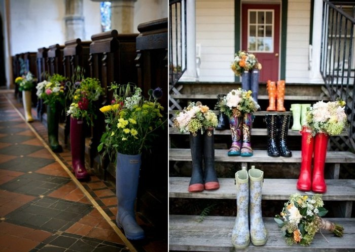 Arranjando flores para o dia do casamento na chuva