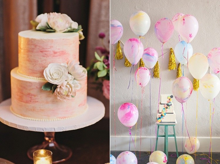 Balões de mármore com ideias de decoração para bolo de casamento