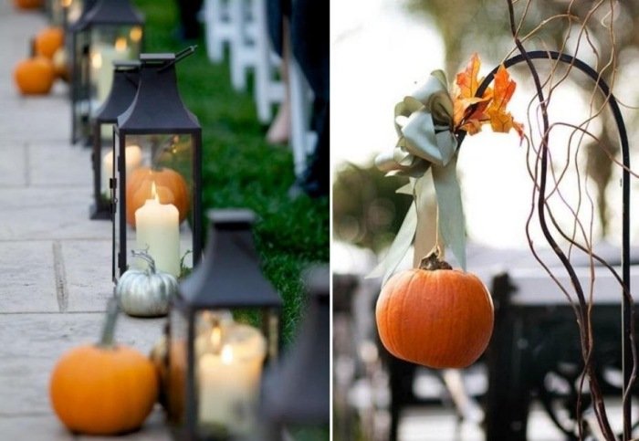 decíduas-abóboras-decoração-casamento-ao ar livre-cores-de-outono-lanternas-pretas