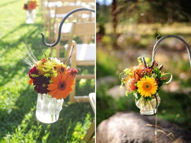 deco-bouquets-casamento-ao ar livre-gerbera-trigo-palha-outono-cores-vaso pendurado