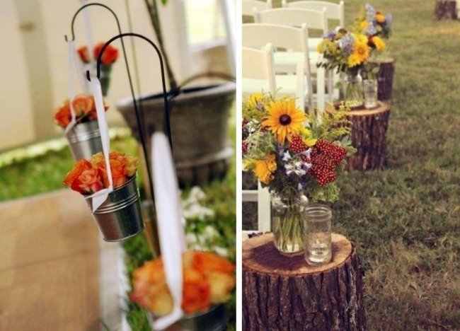 ideias-decoração-fora-casamento-outono-flores-troncos-mesinhas de cabeceira