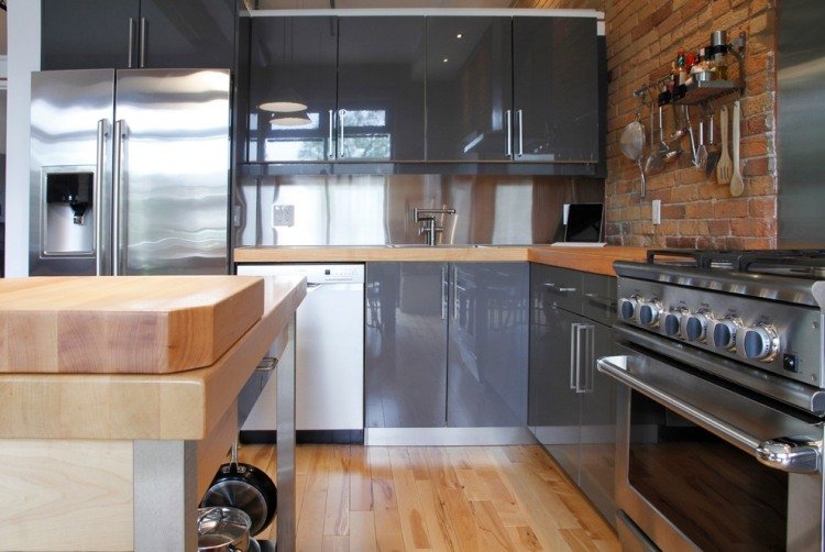 wood-countertops-kitchen-modern-gray-high-gloss-front-brick wall