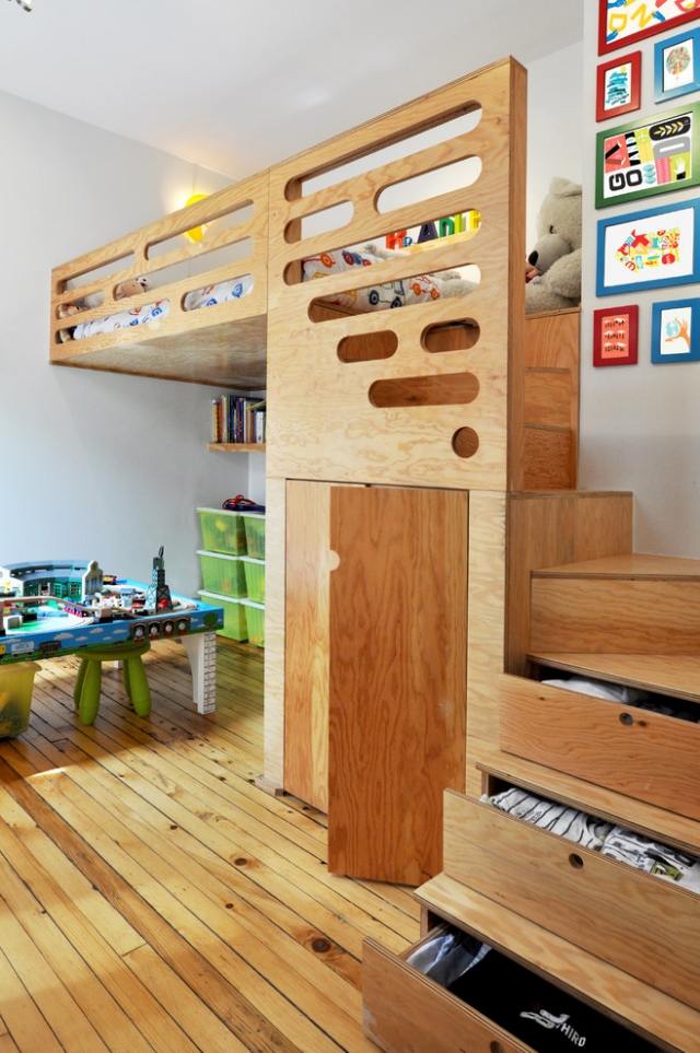 quarto das crianças cama loft escada de madeira armário playground