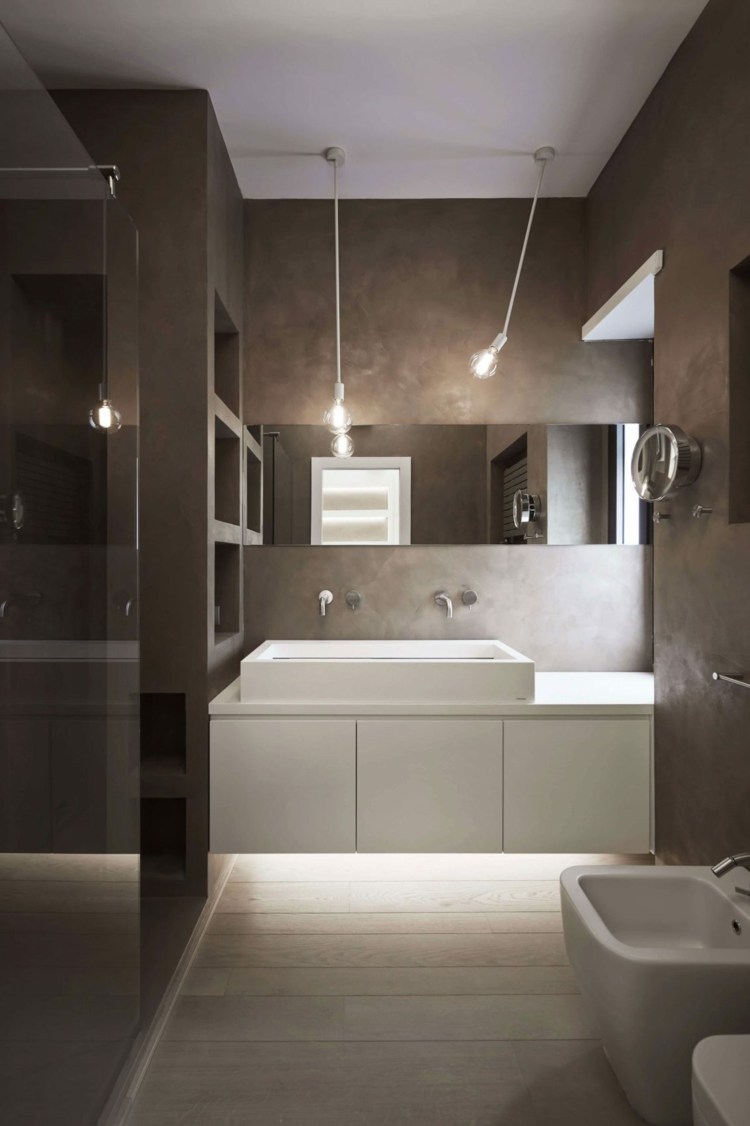 madeira-parquet-elegante-banheiro-gabinete de lavagem-vidro parede-chuveiro