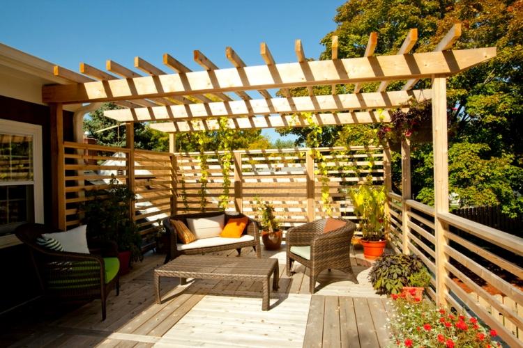 plantas de trepadeira de madeira-pérgola-terraço-rattan-lounge-móveis