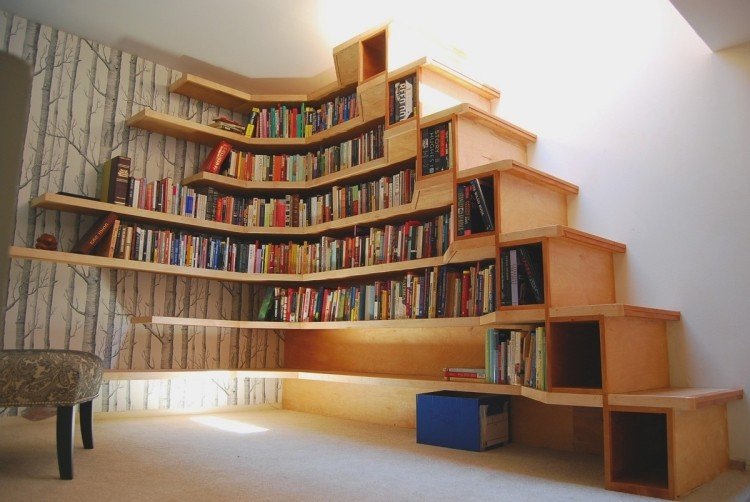 papel de parede-madeira-madeira-olhar-biblioteca de bétula-parede-escadas-madeira-prateleiras de parede
