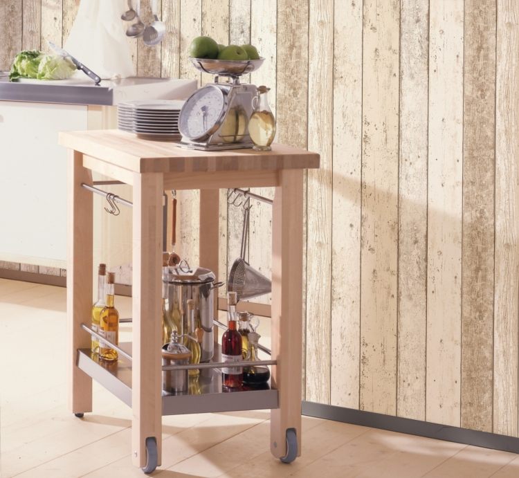 papel de parede-madeira-madeira-aparência-cozinha-mesa lateral-vintage-rodízios-brilhante