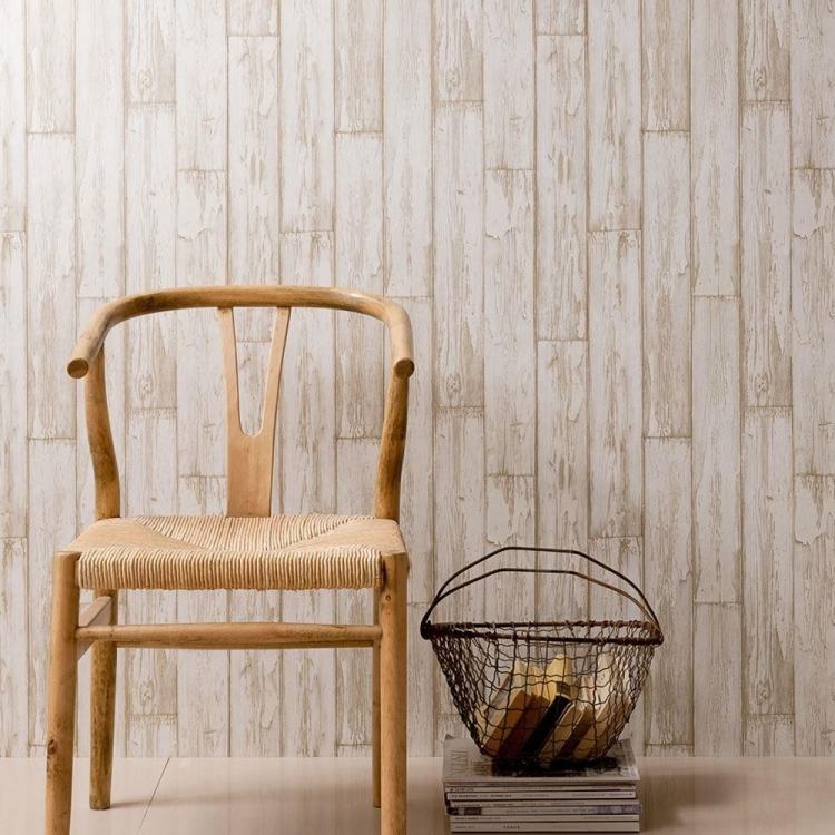 papel de parede-madeira-madeira-olhar-vintage-branco-desbotado-cadeira de madeira-cesta-revistas