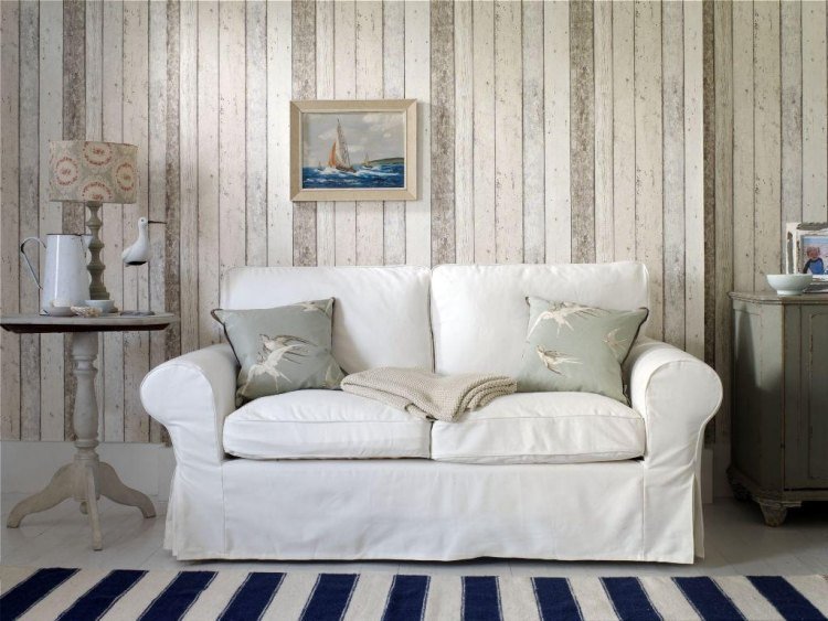 papel de parede-madeira-madeira ótica-branca-luz-vintage-sofá-estofamento-estilo casa de campo