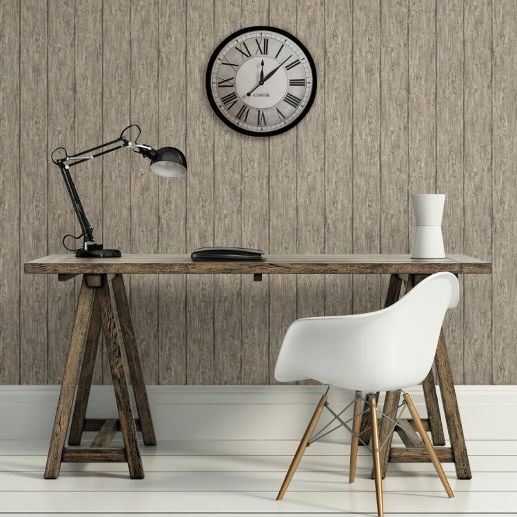 papel de parede-madeira-madeira-olhar-mesa-parede-relógio-cadeira-eames-cadeira-plástico