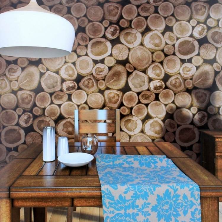 papel de parede-madeira-madeira-olhar-madeira-vidraças-mesa de jantar-mesa-runner-azul-lâmpada pendente