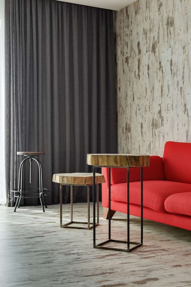 Madeira e aço sala de estar-sofá vermelho-piso laminado-parede-decoração