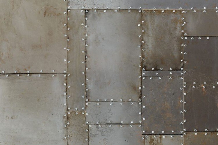 Madeira e design de parede de aço-placas de metal-rebites-mobiliário moderno