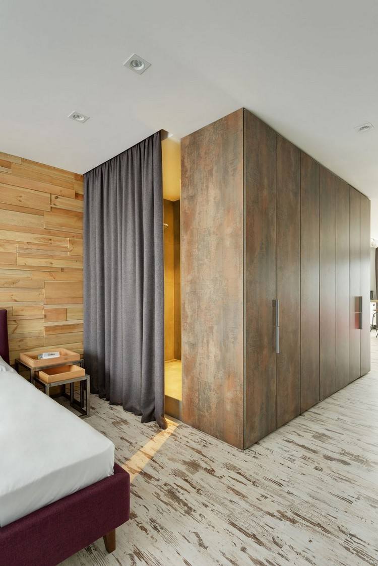 madeira-aço-design-interior-quarto-banheiro-cortina divisória de vidro