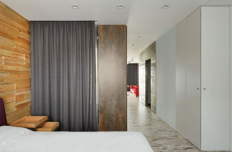 madeira-aço-interior-quarto-painel de madeira-cortina-banheiro