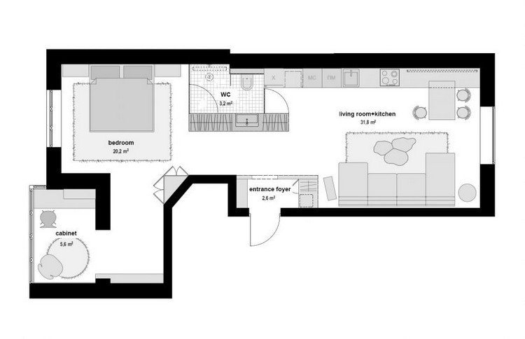 Apartamento de solteiro-design-interior-planta baixa-apartamento de um quarto