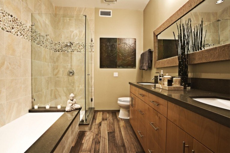 Piso de madeira no banheiro - piso sólido - piso de tábuas - colocação de vedação úmida