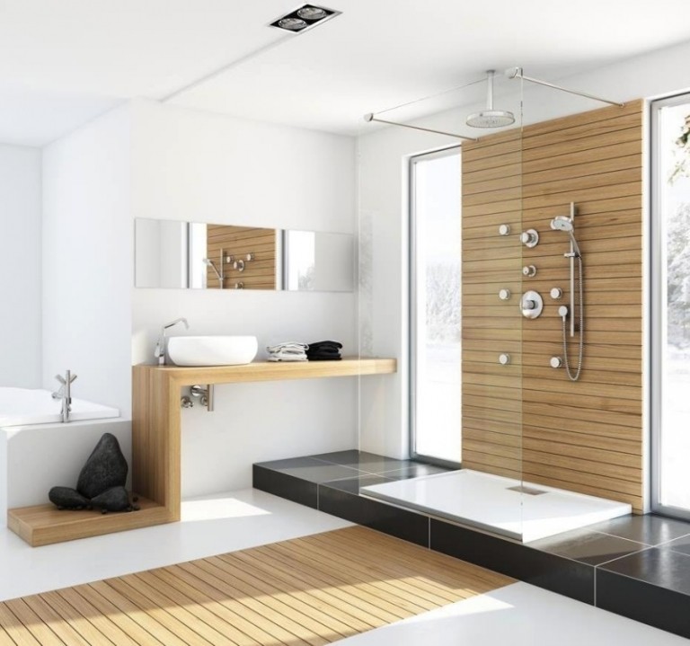 Piso de madeira - banheiro - cabine de duche - chuveiro ao nível do chão