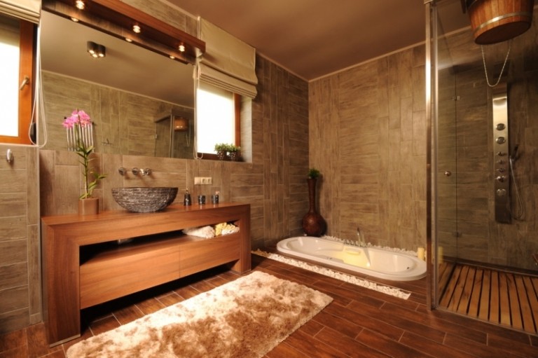 Piso de madeira, banheiro, ideias, piso no nível do chuveiro, design de área molhada