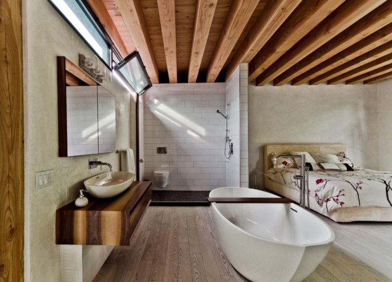 Piso de madeira-banheiro-moderno-banheiro design-banheira independente