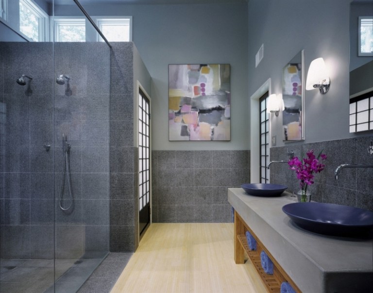 Piso de madeira - banheiro - moderno - granito - design de parede - área úmida - uso