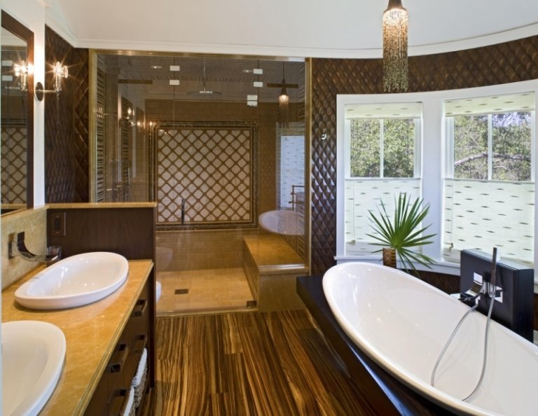 Piso de madeira, banheiro, piso de tábuas exóticas, ideias de ladrilhos