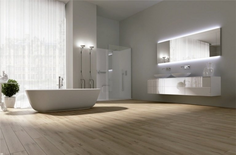 Piso de madeira-banheiro-vedação-moderno-óptico-branco-móveis de banheiro