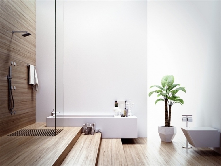 Piso de madeira-banheiro-idéias-banheira-cabine de chuveiro-parede de vidro ao nível do chão