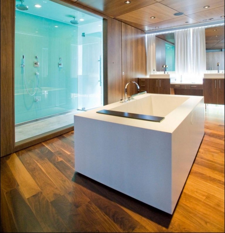 Piso de madeira-banheiro-ladrilhos de madeira -salho de tábuas-idéias-design de piso