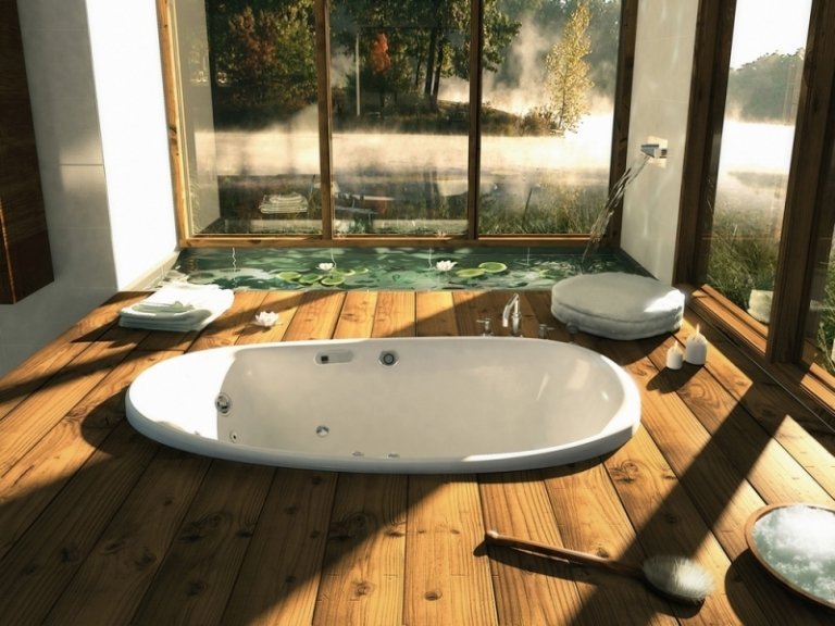 Piso de madeira no banheiro - banheira sólida embutida - resistente à água