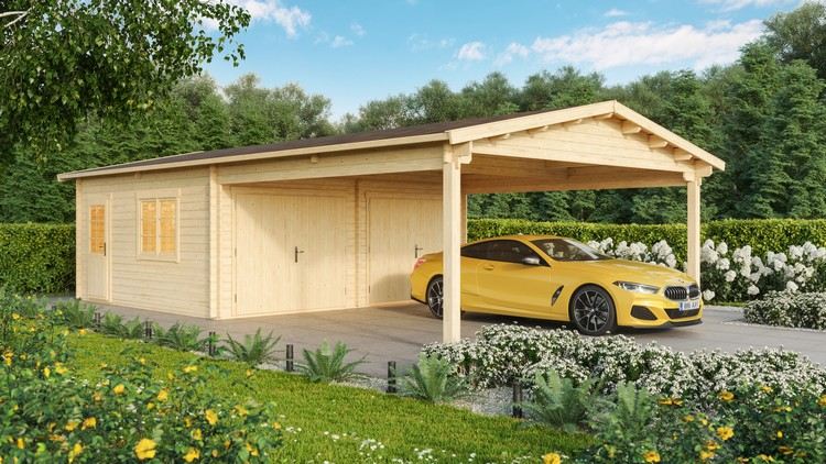 Grande garagem de madeira com cobertura e duas vagas de estacionamento adicionais