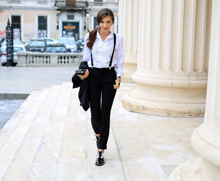 calças femininas roupa monocromática preto e branco