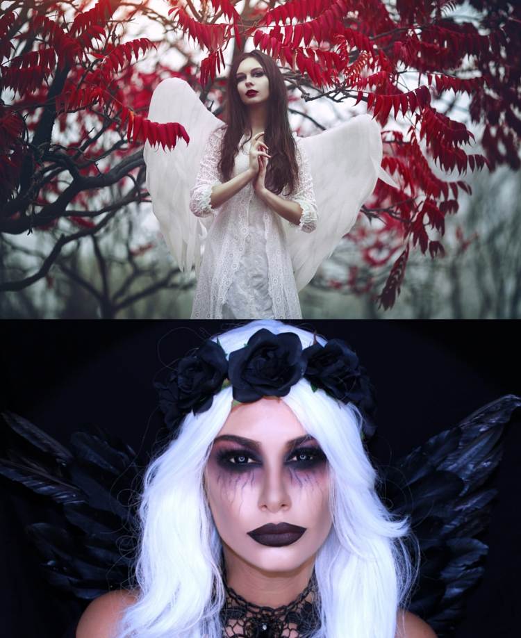 Carnaval em preto e branco com asas de cabelo branco de anjo