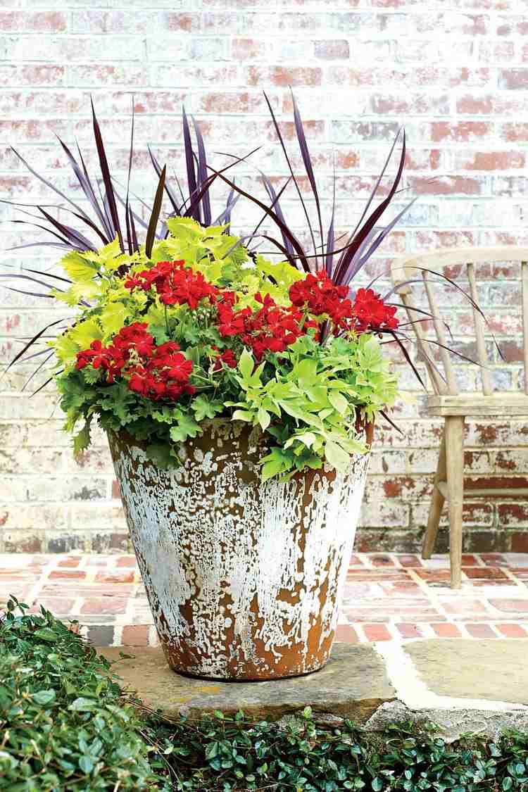Terraço com plantio de verão em vasos de gerânios