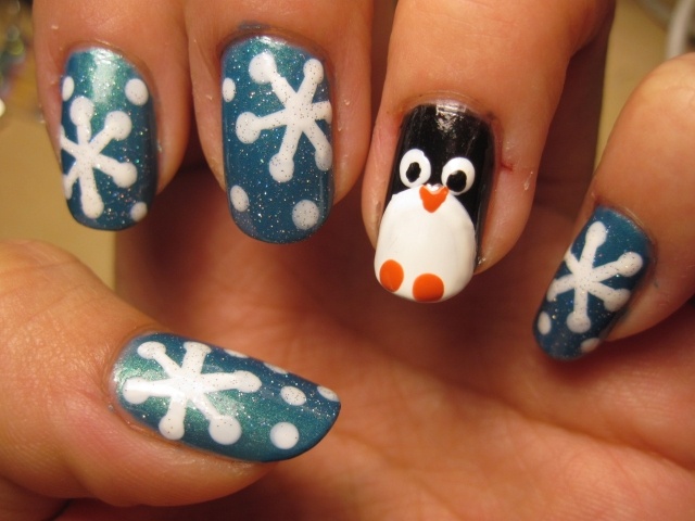 inverno-unha-arte-manicure-motivos-pinguim-floco de neve-unha-design-moderno
