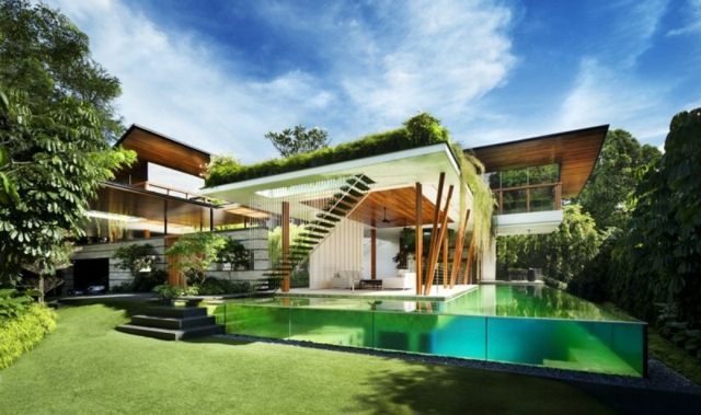 Moradia com piscina relvado arquitectura minimalista moderna