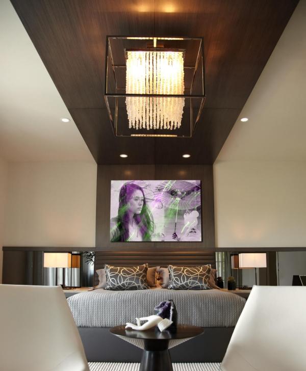 Projeto da lâmpada de teto para quarto - interior moderno - painéis de teto de madeira