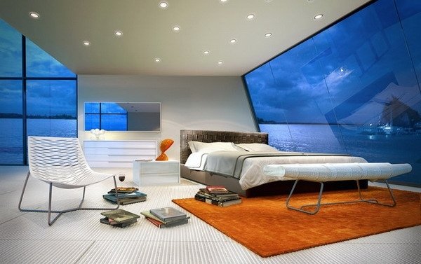 Quarto moderno com vista para o mar - luzes embutidas no teto - tapete vermelho de lã