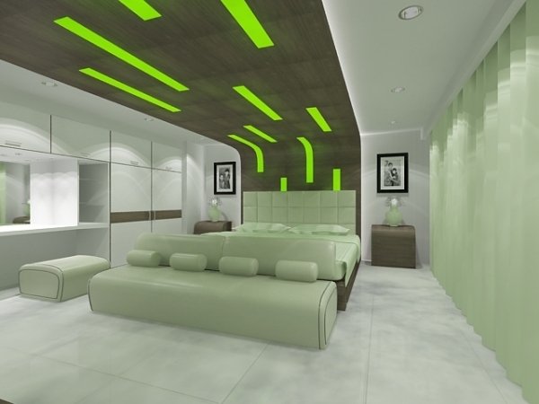 Luz verde nas ideias de painéis de parede de design de teto do quarto