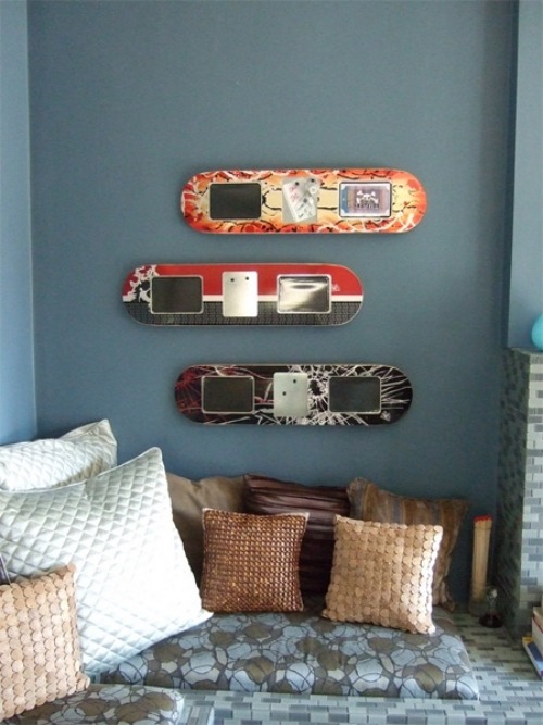 ideias para decoração de parede de skate de design de móveis reciclados