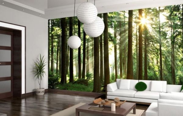 decoração de parede de ideias com papel de parede de foto floresta sala de estar natureza
