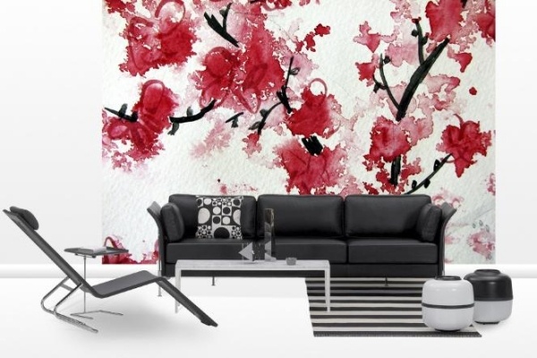 mobília preta da sala de estar detalhes vermelhos decoração da parede fotos papel de parede flores