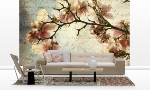 ideias foto papel de parede flores magnólia bege móveis de sala de estar